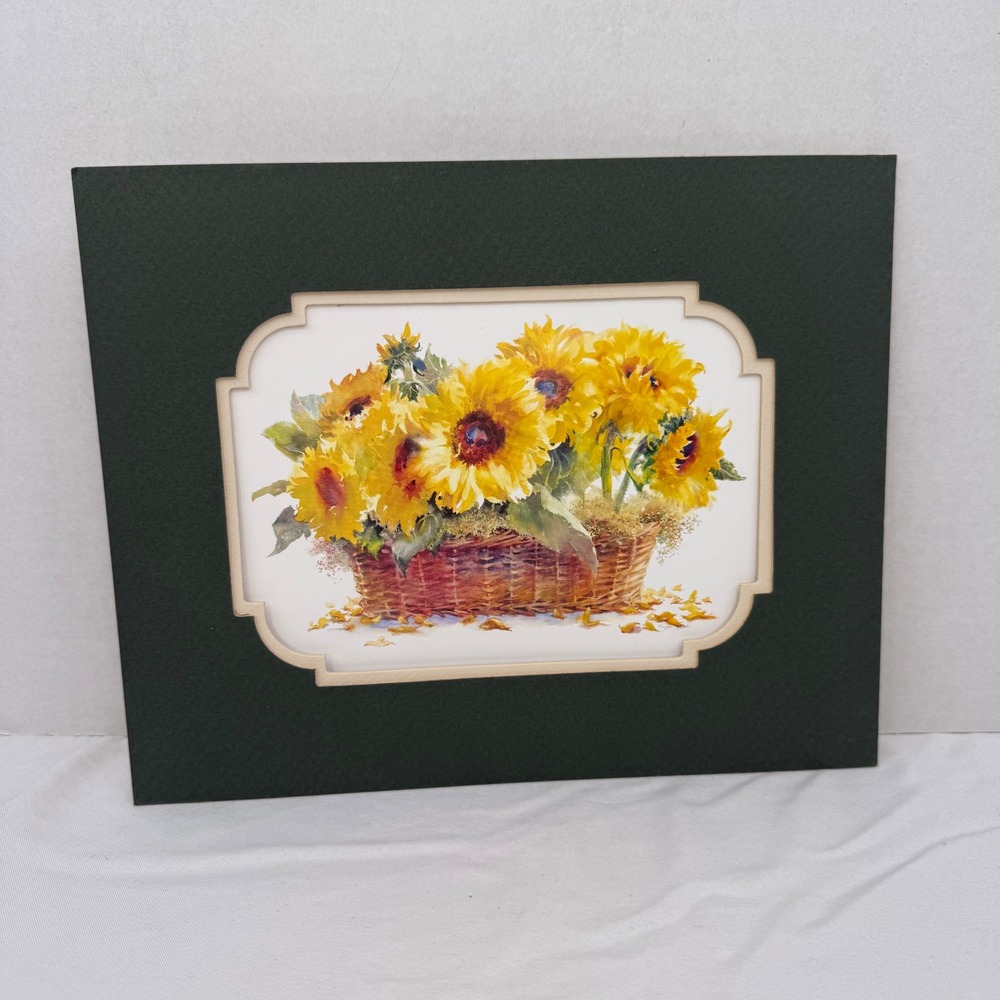 Vtg Sunflower‎ Basket Cottage Green Watercolor Matted 8x10 Floral Forest Green